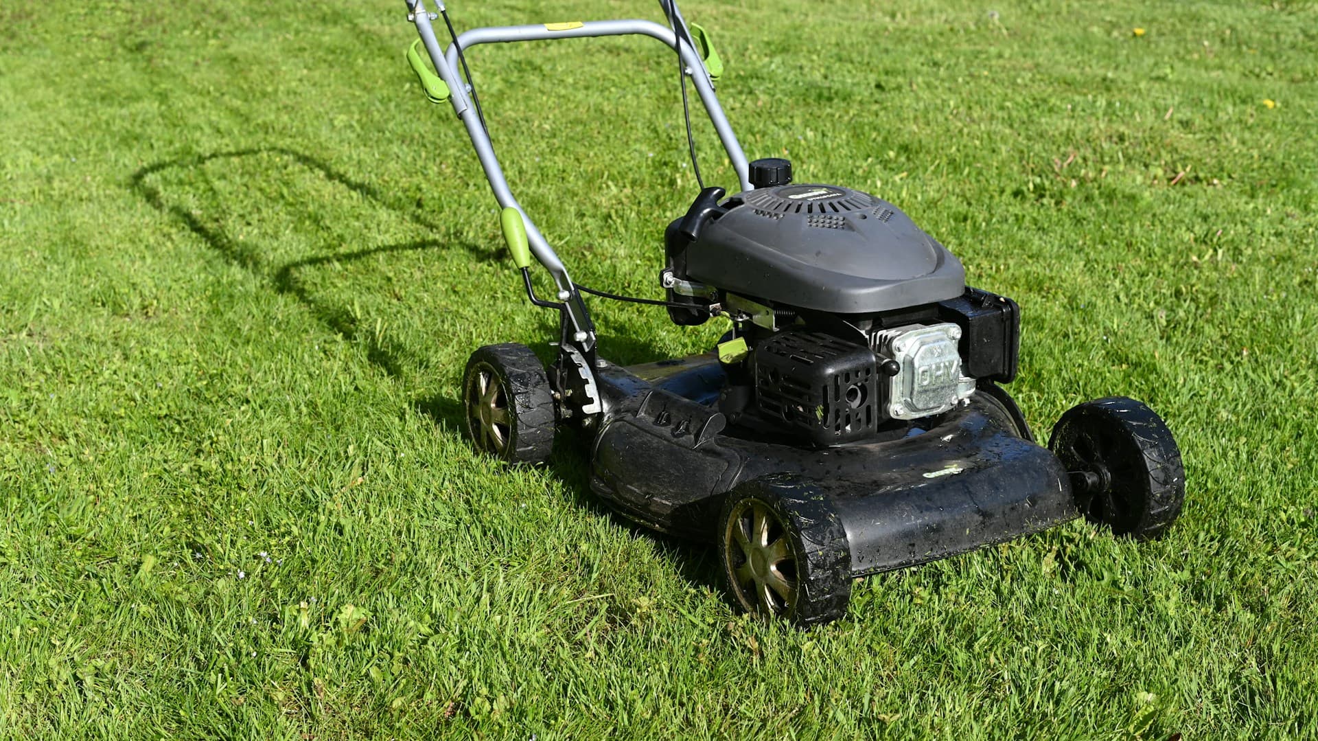 Push petrol lawn mower standing on freshly cut green grass